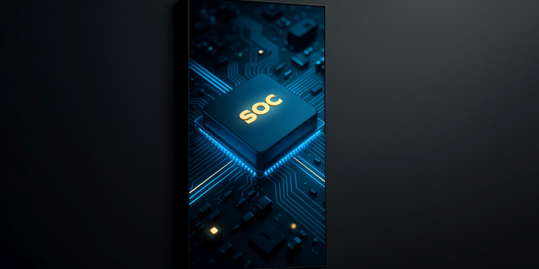 Grafik von einem Monitor im Hochformat mit einem Macroaufnahme von eine Computerchip