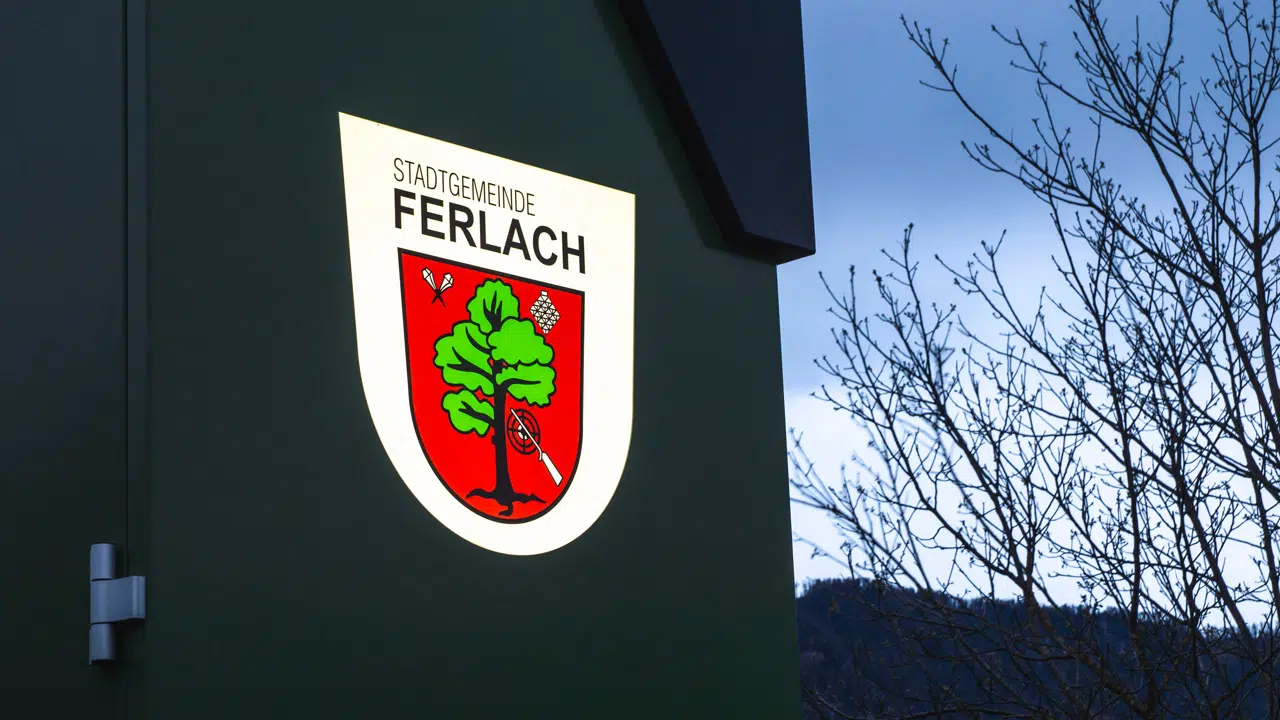 Eine Großaufnahme eines Wappen bei Nacht.