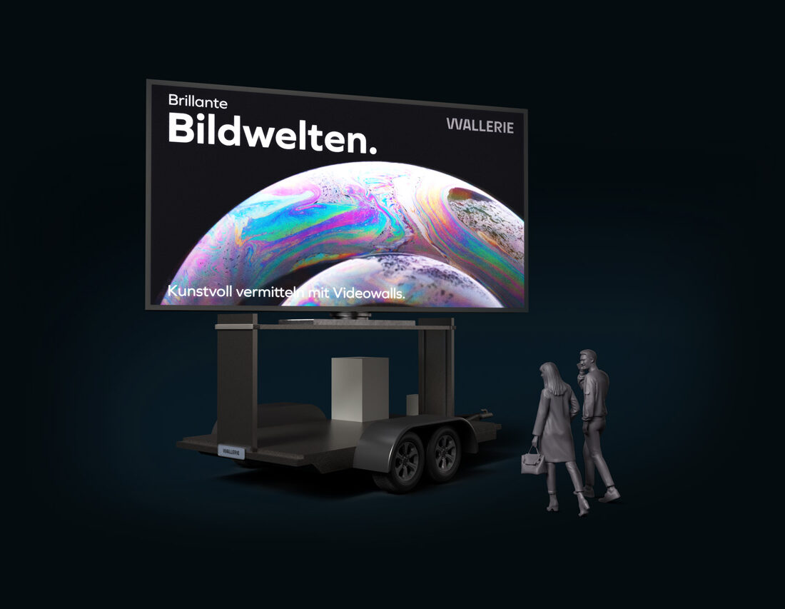 LED Trailer mieten in Kärnten von Wallerie Eine Visualisierung einer LED-Wall montiert auf einem Autoanhänger und zwei Passanten auf der Seite.