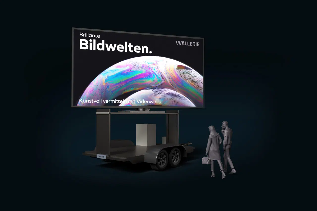 Eine Visualisierung einer LED-Wall montiert auf einem Autoanhänger und zwei Passanten auf der Seite.