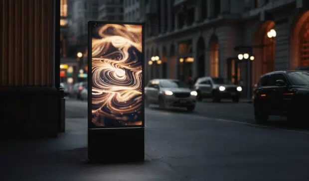 Foto von Digital Signage Stele neben einer Stadtstraße und Autos im Hintergrund