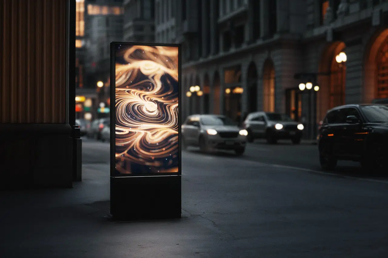 digital-signage-wirkt-studien-belegen-effektivitaet-und-zukunftspotenzial-wallerie Foto von Digital Signage Stele neben einer Stadtstraße und Autos im Hintergrund