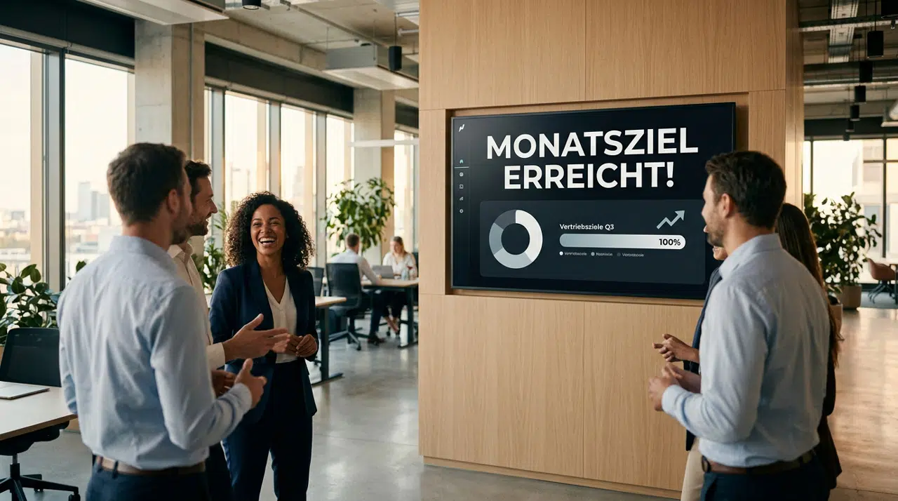 Mehrere Mitarbeiter stehen in einem modernen Büro vor einem Digital Signage Screen, auf dem „Monatsziel erreicht!" zu lesen ist.