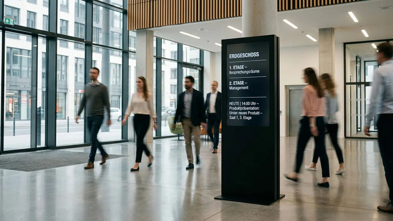 digital-signage-mitarbeiter-infosystem-indoor-stele-wallerie Schwarze Indoor-Stele mit Portrait-Display im Eingangsbereich eines modernen Bürogebäudes. Auf dem Screen sind Wegweiser zu den Etagen sowie ein Hinweis auf eine Produktpräsentation zu sehen. Im Hintergrund gehen Personen verschwommen vorbei.